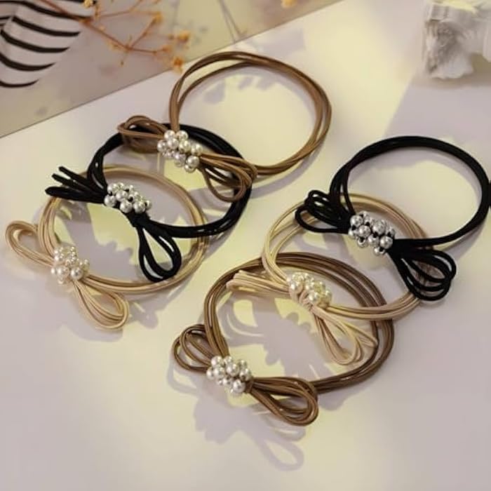 2Pcs/Set Women Hair Tie Accessories Pearl Bow Elastic Hair Bands Flower Headdress Rubber Band Cute Scrunchies Hair Bands For Girls (Mocka) - Image 3